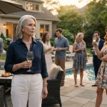 63-year-old homeowner sitting calmly at a backyard pool party while her daughter-in-law mocks her in front of family and guests