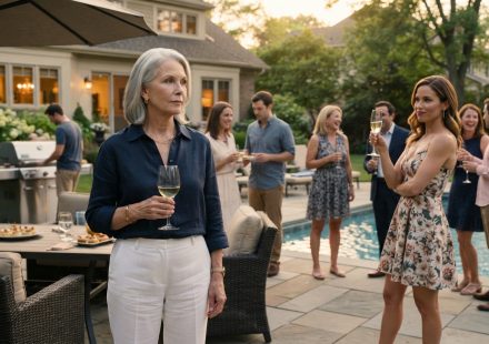 63-year-old homeowner sitting calmly at a backyard pool party while her daughter-in-law mocks her in front of family and guests