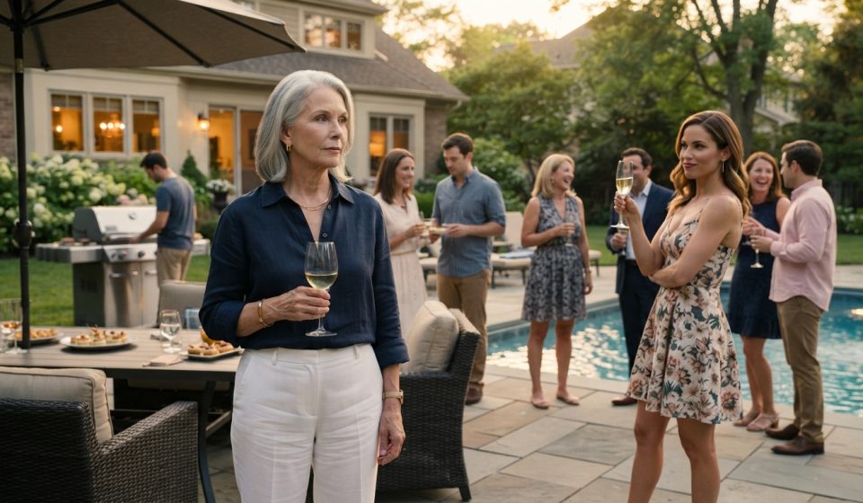 63-year-old homeowner sitting calmly at a backyard pool party while her daughter-in-law mocks her in front of family and guests