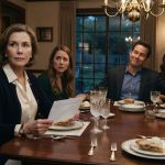 A 66-year-old mother calmly examining a rental agreement her son handed her during a tense formal family dinner.