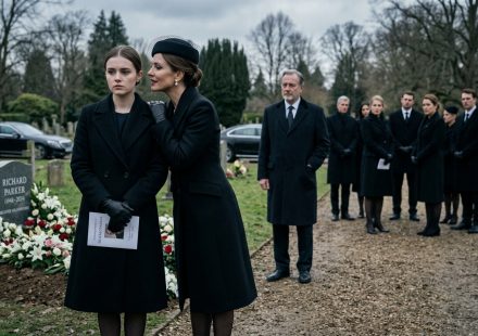 Sophia and her stepmother facing each other At My Grandfather's Funeral while the family lawyer watches nearby.