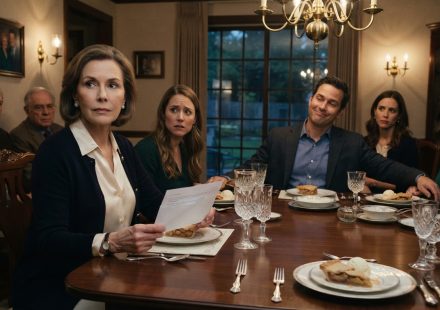 A 66-year-old mother calmly examining a rental agreement her son handed her during a tense formal family dinner.