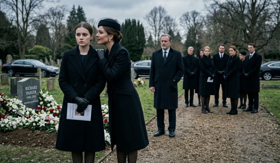 Sophia and her stepmother facing each other At My Grandfather's Funeral while the family lawyer watches nearby.