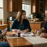 Husband confronting the suspicion of his wife cheating with her ex-husband during a tense morning conversation at the kitchen table.