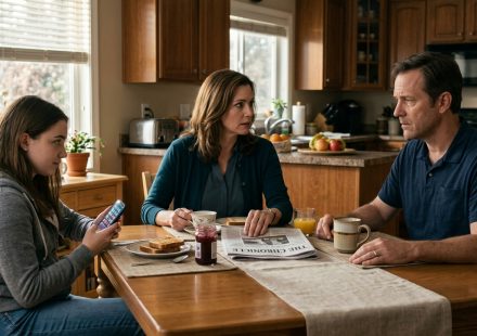 Husband confronting the suspicion of his wife cheating with her ex-husband during a tense morning conversation at the kitchen table.