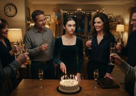 Teenage girl cutting her 18th birthday cake while her family toasted my future at a tense midnight celebration.