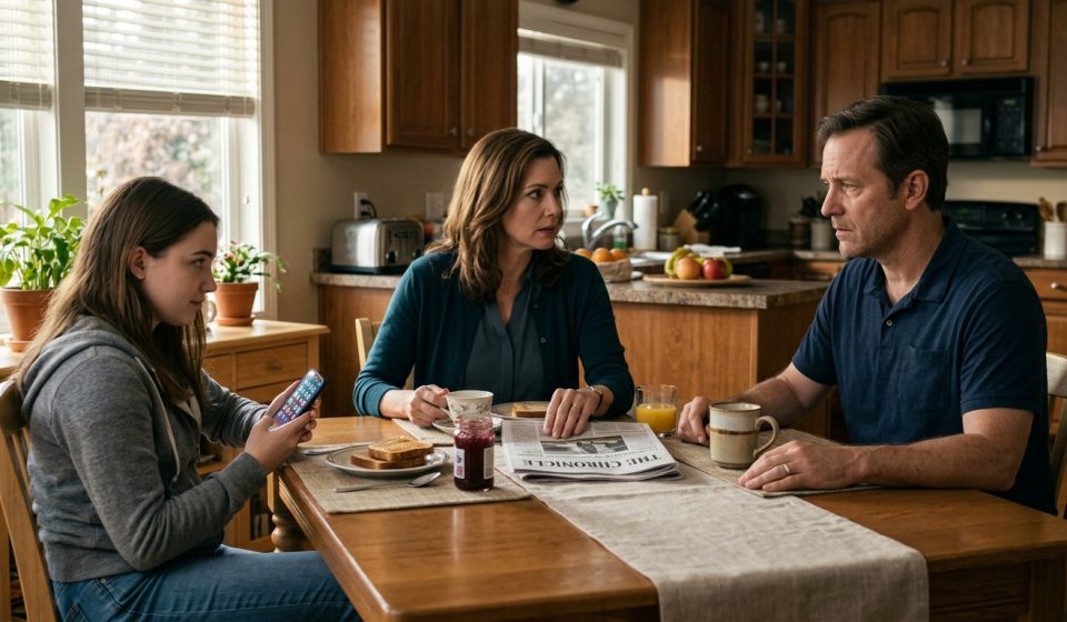 Husband confronting the suspicion of his wife cheating with her ex-husband during a tense morning conversation at the kitchen table.