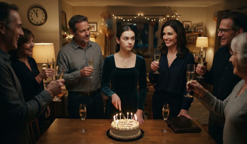 Teenage girl cutting her 18th birthday cake while her family toasted my future at a tense midnight celebration.