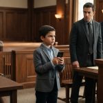 An eight-year-old boy holding up a phone in court as the judge questions whether he wants to live with his father.