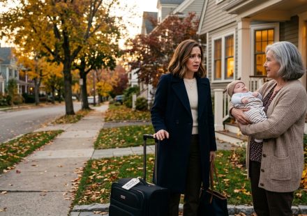 Woman came back from a business trip and looks confused as her neighbor approaches her holding a baby