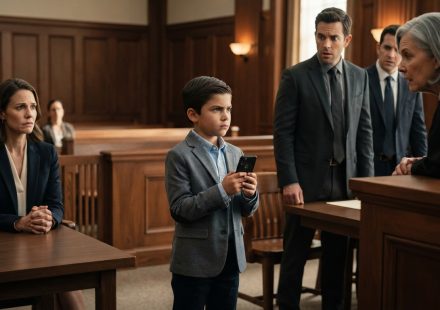 An eight-year-old boy holding up a phone in court as the judge questions whether he wants to live with his father.