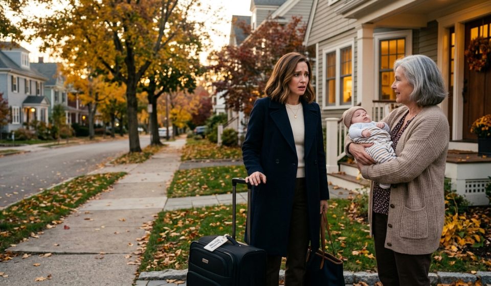 Woman came back from a business trip and looks confused as her neighbor approaches her holding a baby