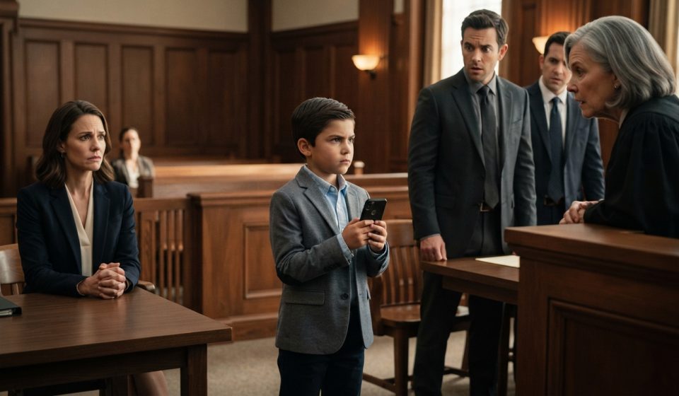 An eight-year-old boy holding up a phone in court as the judge questions whether he wants to live with his father.