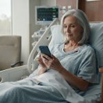 A 67-year-old mother recovering in a hospital bed looks at a troubling social media post on her smartphone.