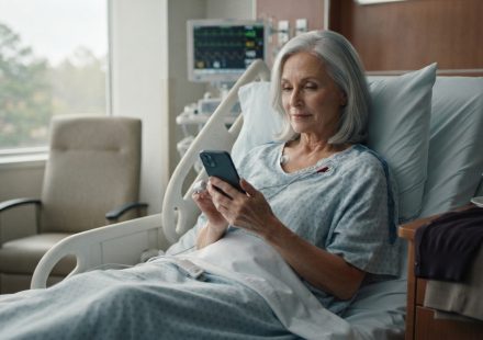 A 67-year-old mother recovering in a hospital bed looks at a troubling social media post on her smartphone.