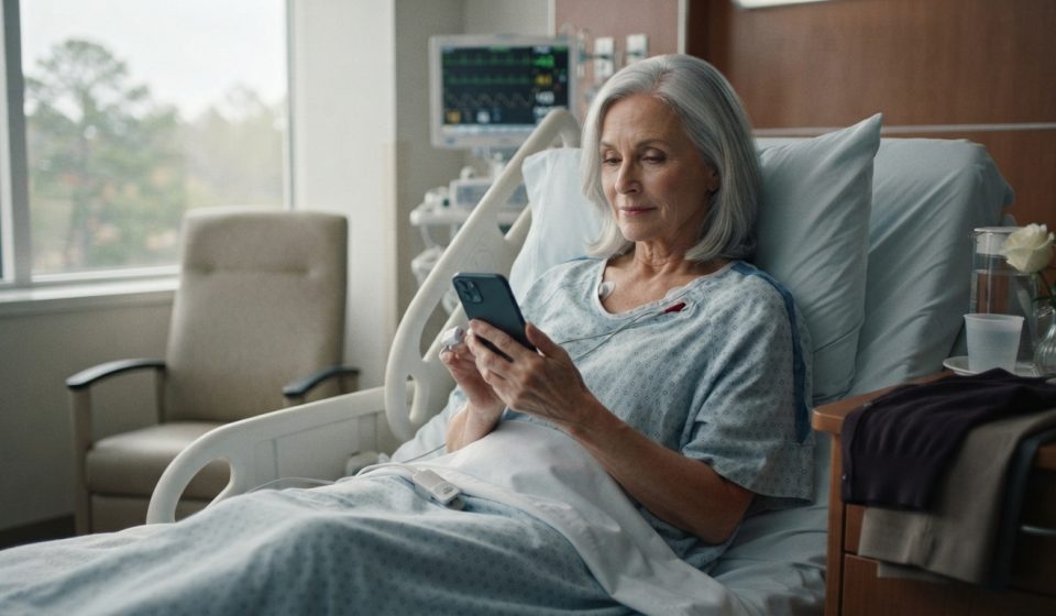 A 67-year-old mother recovering in a hospital bed looks at a troubling social media post on her smartphone.
