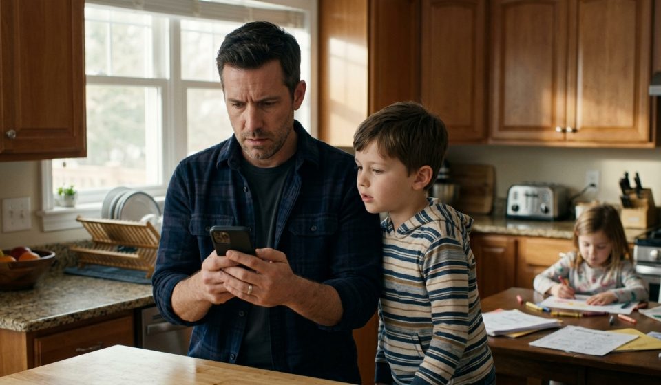 Father discovers his sister excluded his kids from party celebrations while his young son looks at the birthday photos on his phone.