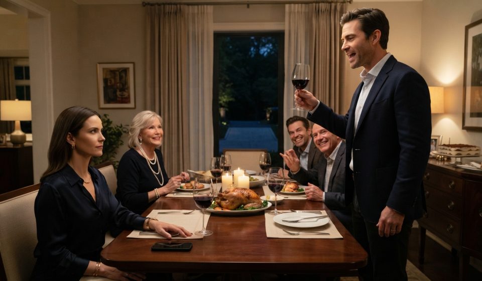 Woman calmly watching as her husband announces at a family dinner that he sold her cabin while she was overseas.