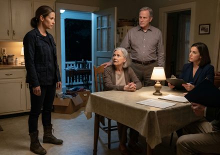 A concerned daughter arriving after her mother sent her emergency code and finding her seated at a kitchen table surrounded by suspicious care paperwork.