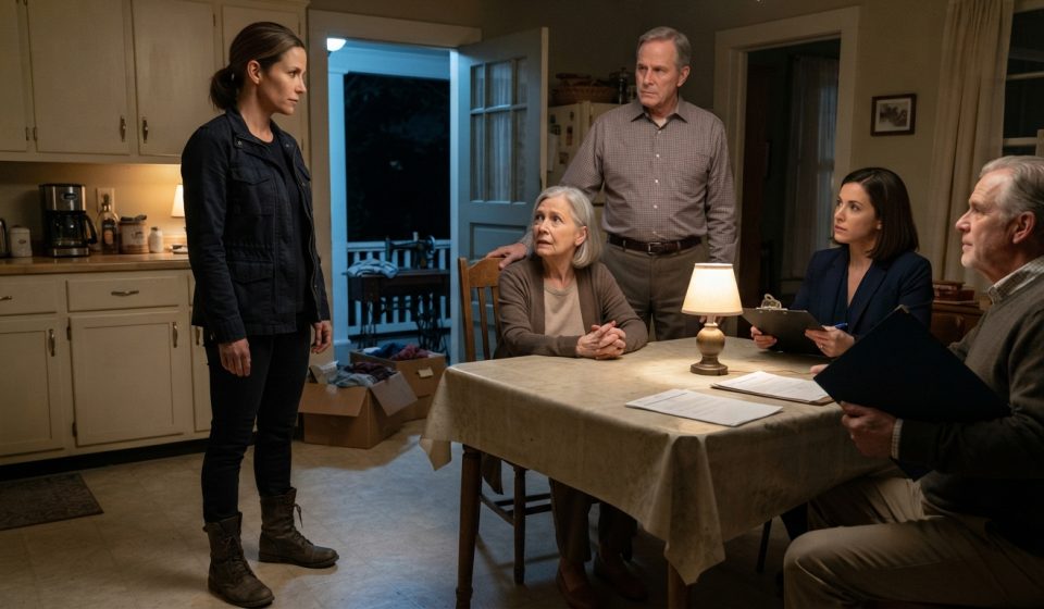 A concerned daughter arriving after her mother sent her emergency code and finding her seated at a kitchen table surrounded by suspicious care paperwork.