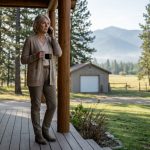 Retired woman standing outside her log cabin after she bought 9 acres in Montana for a peaceful retirement.