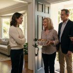Virginia watches cautiously as her parents and sister unexpectedly arrive at her home carrying cookies for a family visit.