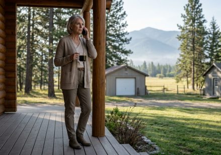 Retired woman standing outside her log cabin after she bought 9 acres in Montana for a peaceful retirement.