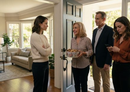 Virginia watches cautiously as her parents and sister unexpectedly arrive at her home carrying cookies for a family visit.