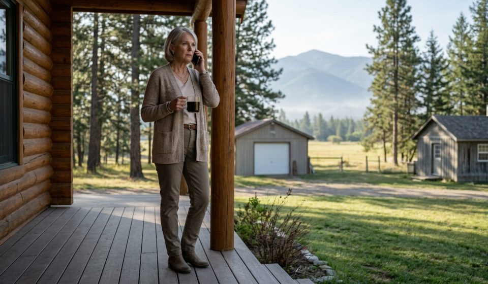 Retired woman standing outside her log cabin after she bought 9 acres in Montana for a peaceful retirement.
