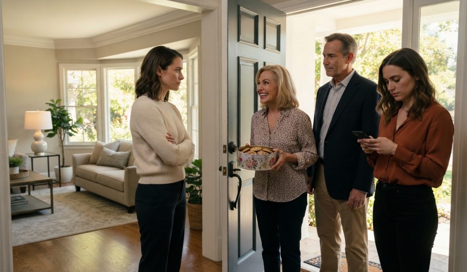 Virginia watches cautiously as her parents and sister unexpectedly arrive at her home carrying cookies for a family visit.