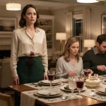 Birthday dinner scene after my sister's daughter tossed her drink on me, staining my cream blouse while the family watches.