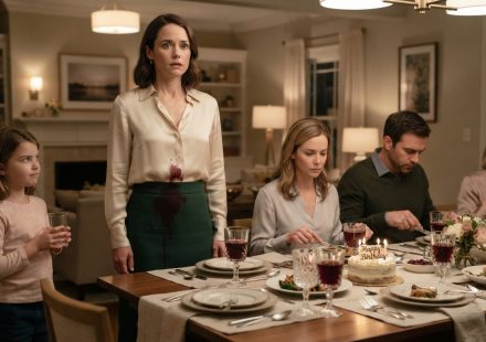 Birthday dinner scene after my sister's daughter tossed her drink on me, staining my cream blouse while the family watches.