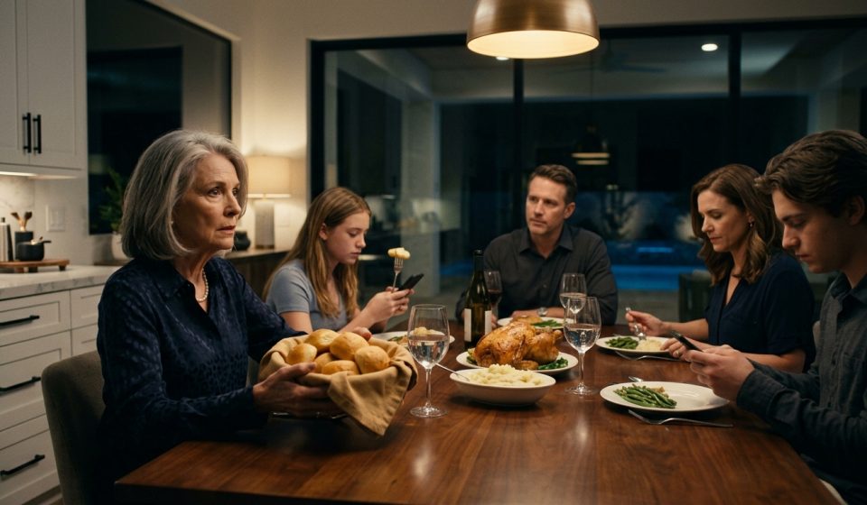 71-year-old mother holding a breadbasket at dinner after her son asked her to move out