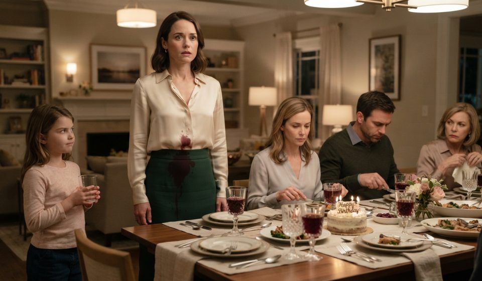 Birthday dinner scene after my sister's daughter tossed her drink on me, staining my cream blouse while the family watches.