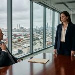 Professional woman calmly faces her boss after he fired the patent holder behind the company's critical logistics system.