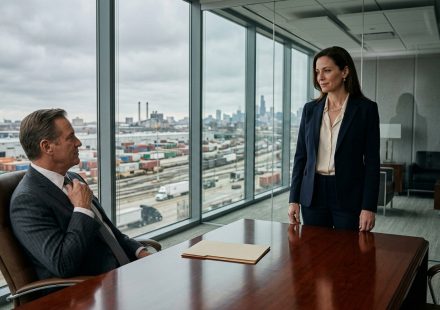 Professional woman calmly faces her boss after he fired the patent holder behind the company's critical logistics system.