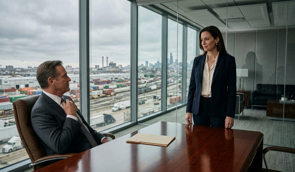 Professional woman calmly faces her boss after he fired the patent holder behind the company's critical logistics system.
