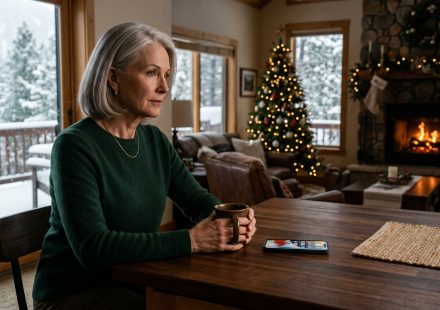 Mother enjoying coffee in her new mountain house after her daughter forgot to invite me to Christmas