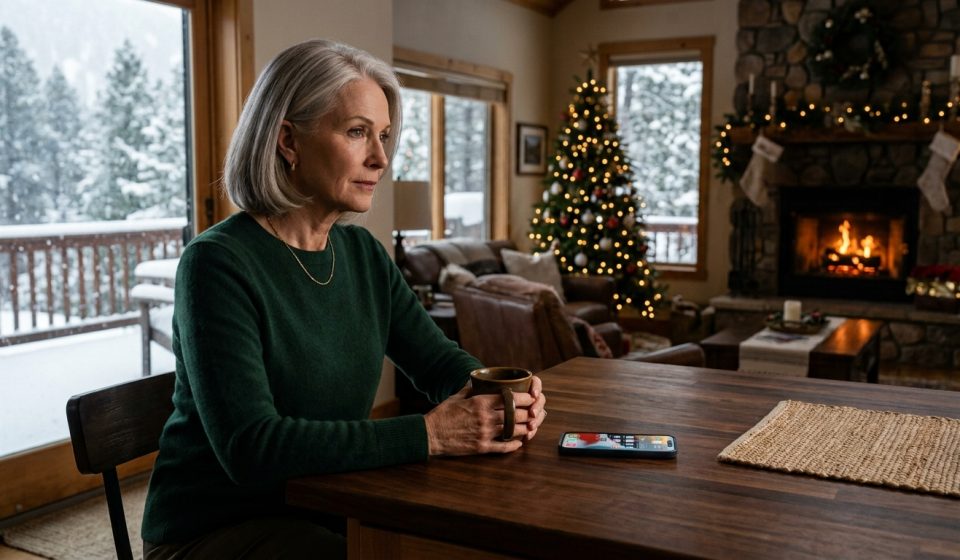 Mother enjoying coffee in her new mountain house after her daughter forgot to invite me to Christmas