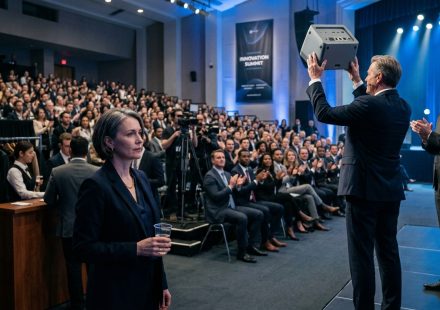 Inventor watching from the back of a corporate launch as an executive presents my $320,000 product concept onstage.