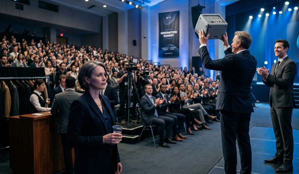 Inventor watching from the back of a corporate launch as an executive presents my $320,000 product concept onstage.