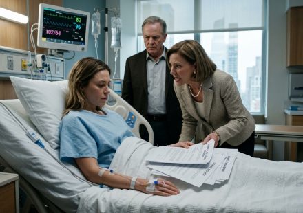 Critically ill woman in a hospital bed faces her angry parents as her mother places financial documents on her lap.
