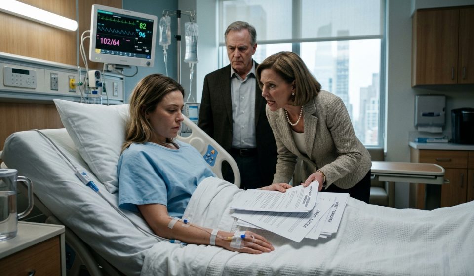 Critically ill woman in a hospital bed faces her angry parents as her mother places financial documents on her lap.
