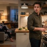 Mark freezes while cooking dinner as Sarah sits on the sofa absorbed in her phone