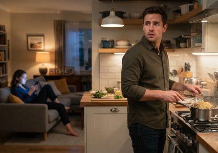 Mark freezes while cooking dinner as Sarah sits on the sofa absorbed in her phone
