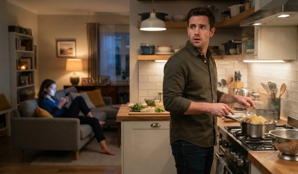 Mark freezes while cooking dinner as Sarah sits on the sofa absorbed in her phone