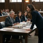 A calm man sits beside one folder as his sister confronts him at the plaintiff's table after his sister dragged me into court.