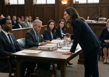 A calm man sits beside one folder as his sister confronts him at the plaintiff's table after his sister dragged me into court.