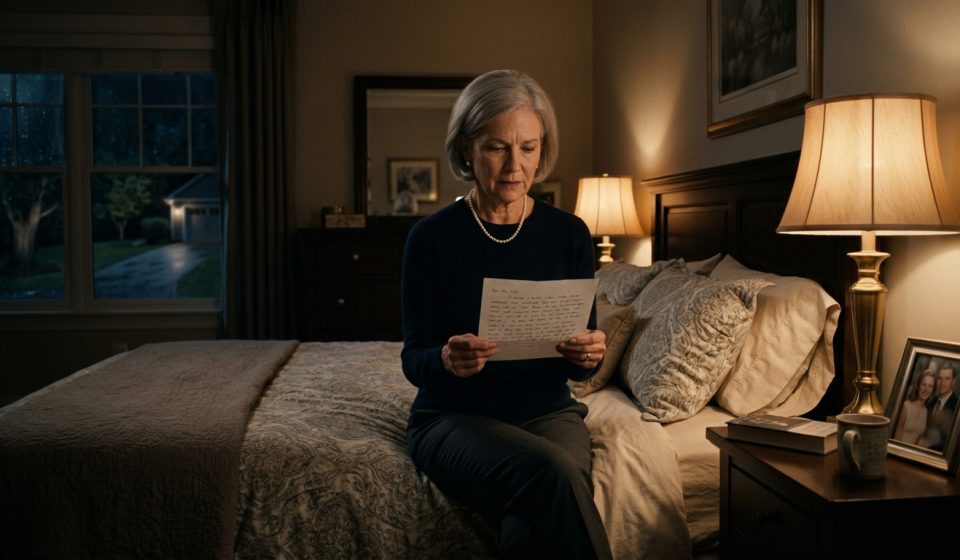 Camille reads a handwritten note after her son left a note on my pillow late at night
