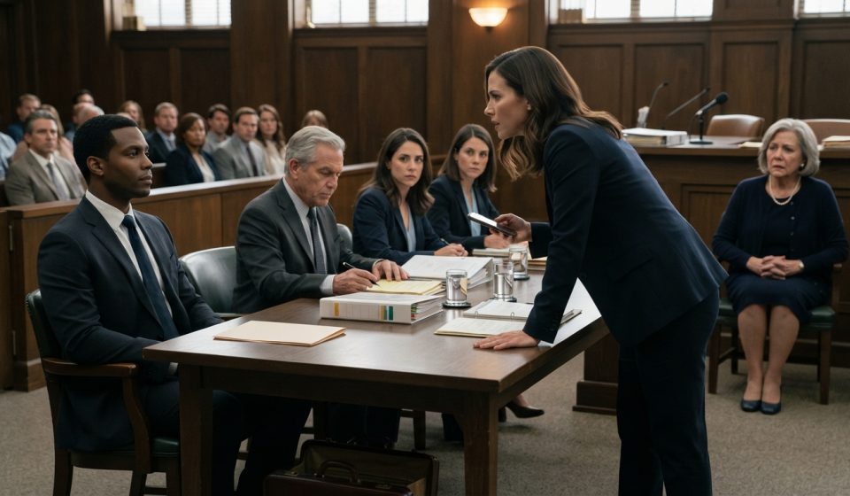 A calm man sits beside one folder as his sister confronts him at the plaintiff's table after his sister dragged me into court.